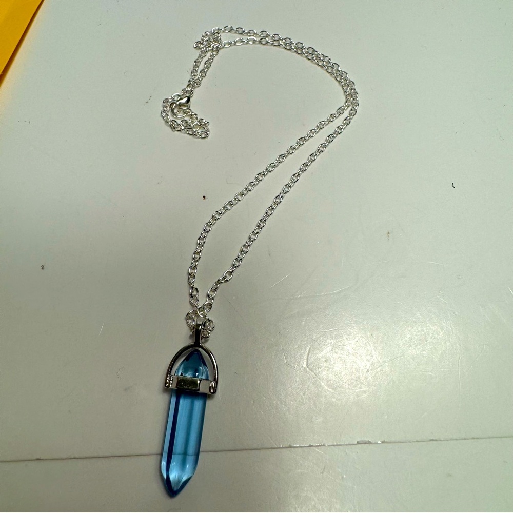 Clear Blue Opalite Pendulum Necklace Silvertone chain